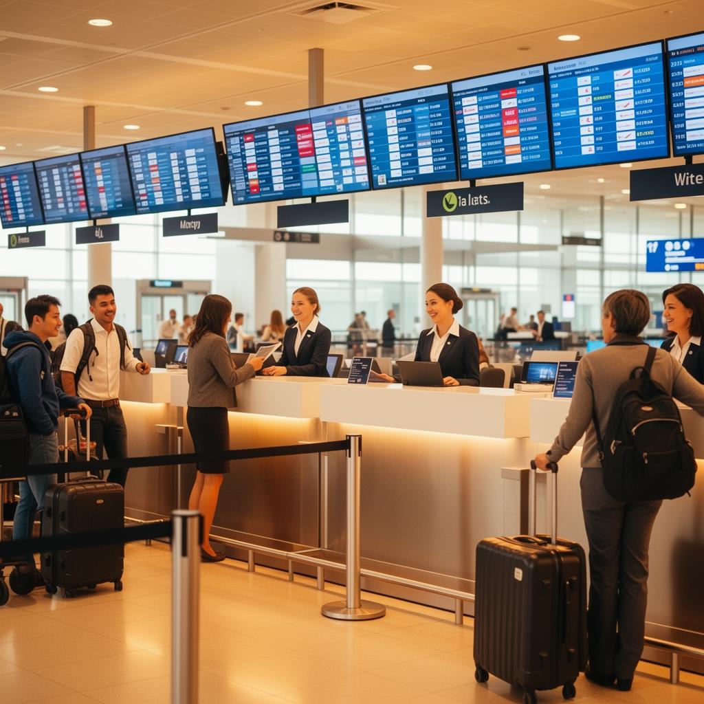 Airport check-in counter with friendly staff