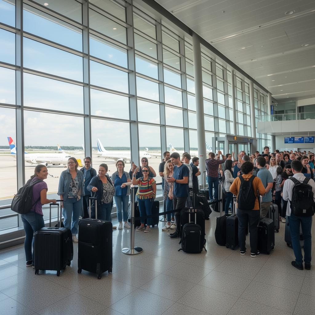Airport boarding gate with passengers ready to board